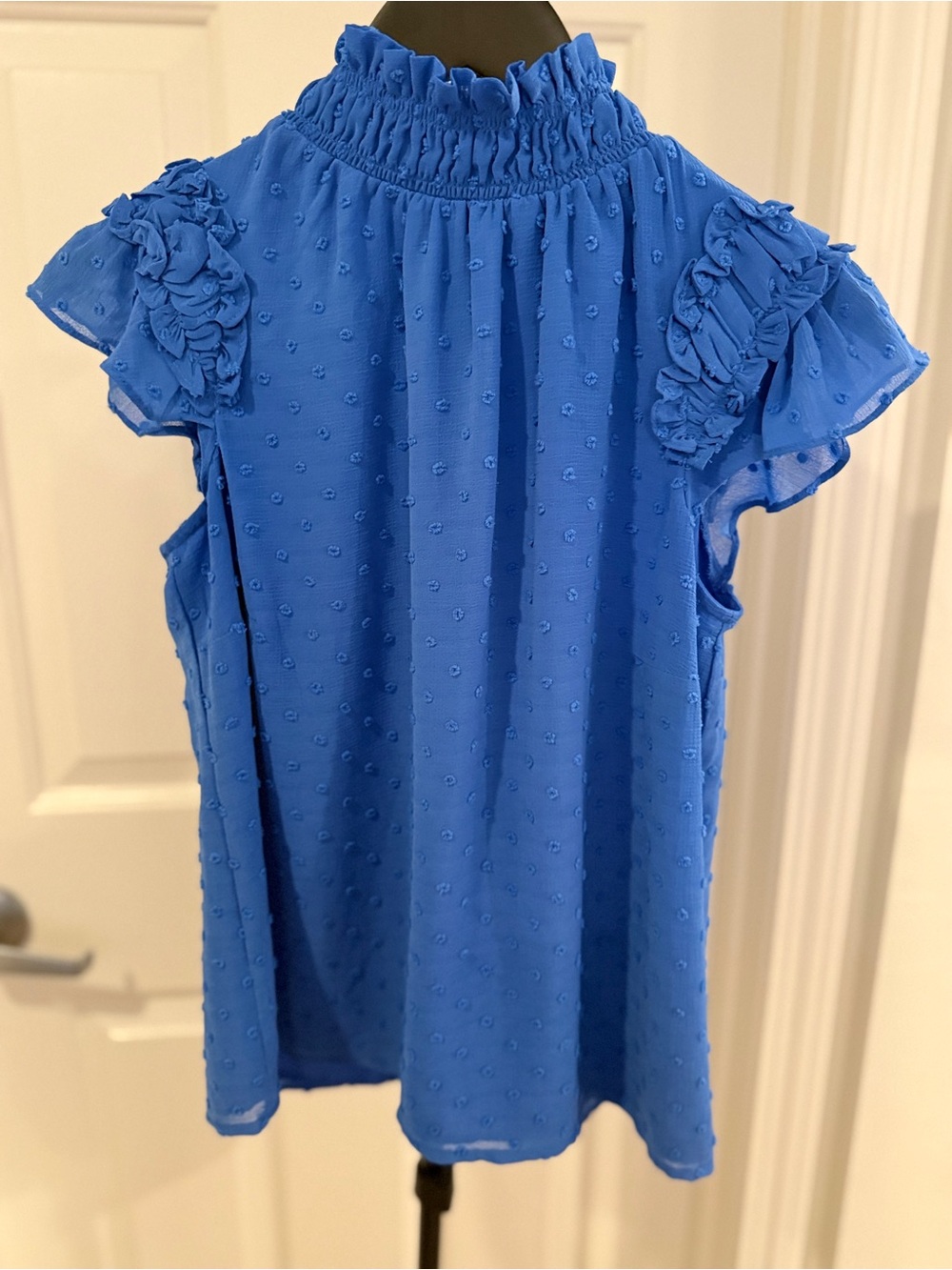 CeCe | Swiss Dot Ruffle Sleeve Mock Neck Blouse | Blue | XS